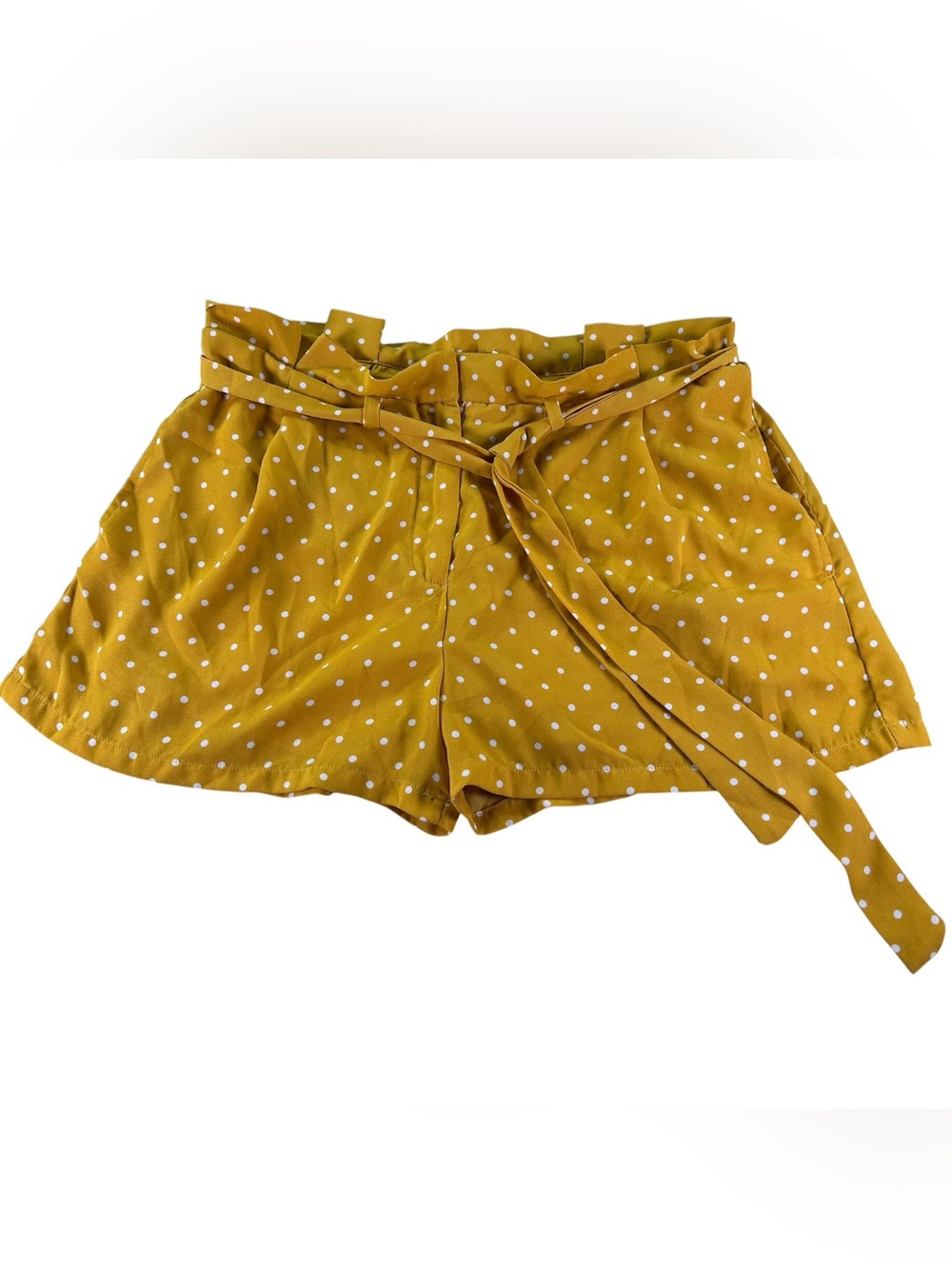 Love Tree Women’s L Mustard Polka Dot Paperbag Shorts High Rise Tie Belt Fall